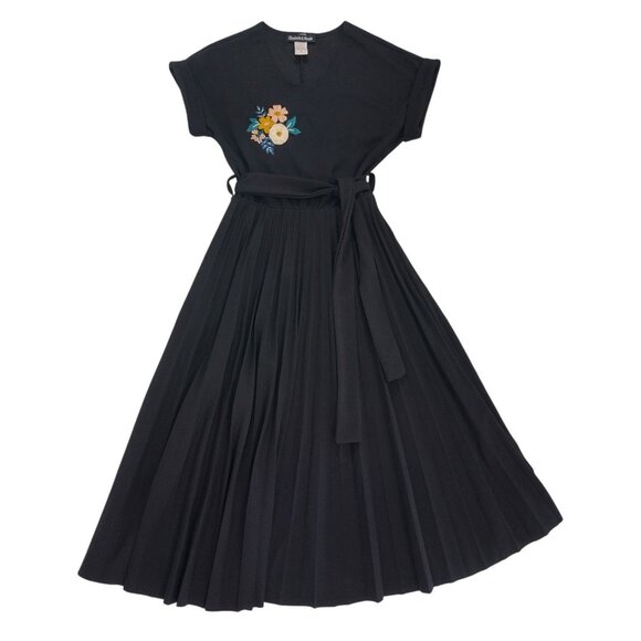 Elizabeth & Nicole Dress With Floral Embroidery, Pleated Skirt Belted Waist, S. - Picture 1 of 7